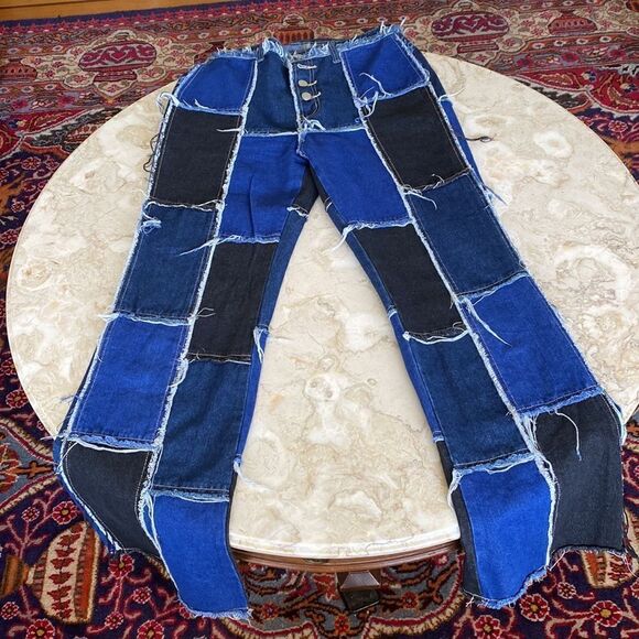 Shein Patchwork Distressed Black & Blue Denim High Waist Button Fly Flare Jeans - Picture 9 of 16